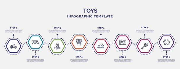 infographic template with icons and 8 options or steps. infographic for toys concept. included ride on toy, octopus toy, xylophone toy, train bouncy castle rattle puzzle icons. - Vector, Image
