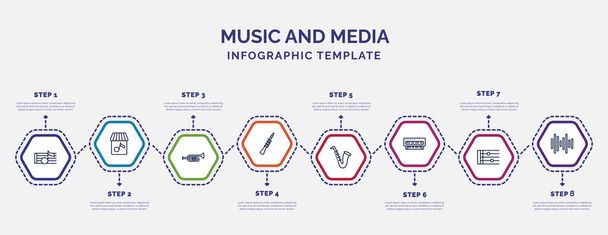 infographic template met pictogrammen en 8 opties of stappen. infographic voor muziek en media concept. Inclusief crotchet, trombone, hobo, jazz, orgel, notenbalk, soundbars iconen. - Vector, afbeelding
