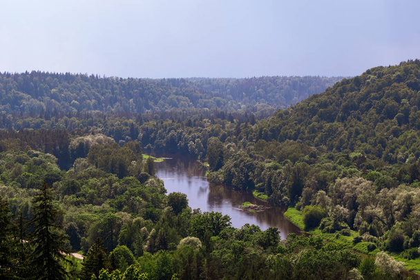 Metsä vuoristoalueella, jonka läpi joki virtaa. Näkymä vihreän metsän yläpuolelta. - Valokuva, kuva