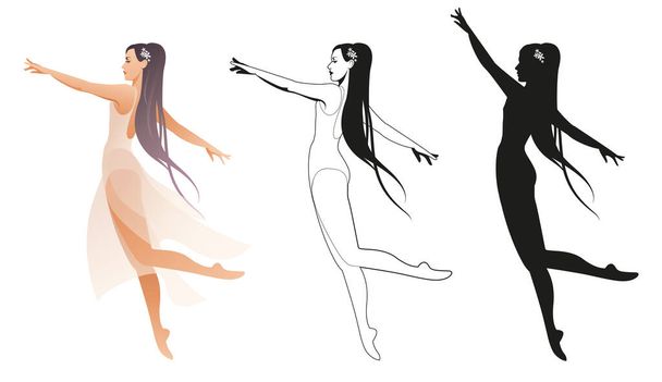 Ballet danser met lang haar in drie versies, kleur, lijn en silhouet, geïsoleerd op witte achtergrond. - Vector, afbeelding