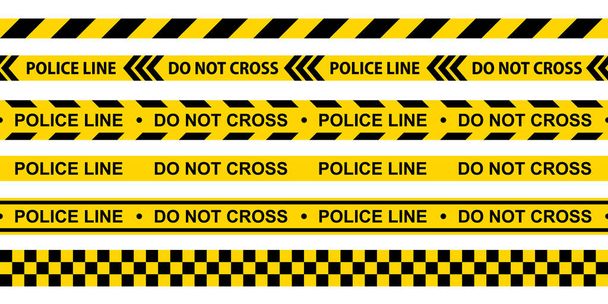 注意テープセット。警察の行とリボンを横断しないでください。黄色い警告テープだ。警察、事故、建設中のための抽象的な警告ライン。水平シームレスな境界線。ベクターイラスト - ベクター画像