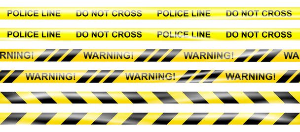建設現場や犯罪現場の警告標識の建設交差注意テープの下で現実的。危険物のテープ。警察の行とリボンを横断しないでください。危険性のあるテープを。事故のためのリボン - ベクター画像