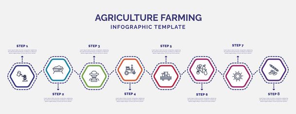 Simgeli ve 8 basamaklı bilgi şablonu. Tarım çiftçiliği kavramı için bilgi. Sulama, çiftçi, traktör, hasat makinası, sebze, güneşli, baklagil simgeleri. - Vektör, Görsel