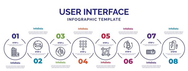 Infografik-Vorlage mit Symbolen und 8 Optionen oder Schritten. Infografik für das User Interface Konzept. inklusive Büros, Lautstärke-Taste, Telefontastatur, Schnitttaste, digitale Währung, Batterie geladen, - Vektor, Bild