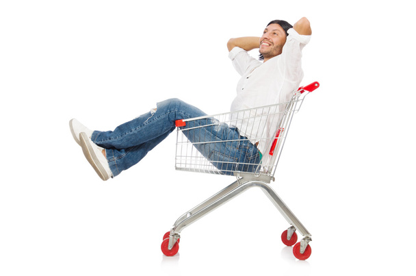 Man shopping with supermarket basket cart isolated on white - Fotografie, Obrázek