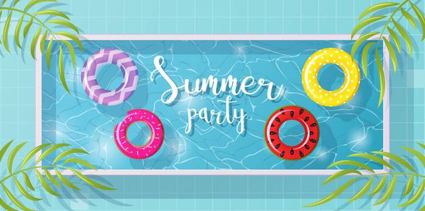 Hello Summer vektor banner design. Medence színes úszó felső nézet vektor illusztráció. Nyári időszámítás háttér design medence kék víz és úszógyűrűk - Vektor, kép