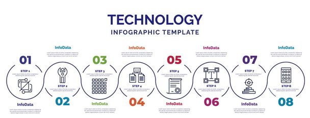 infographic template met pictogrammen en 8 opties of stappen. infographic voor technologie concept. opgenomen structurele elementen, pixels per inch, data-architectuur, verklaringen, tekstverwerker, bereik, serif - Vector, afbeelding