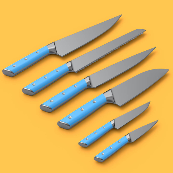Set of chefs kitchen knives with a wooden handle isolated on orange background. 3d render of butcher knives or professional kitchen utensils - Φωτογραφία, εικόνα