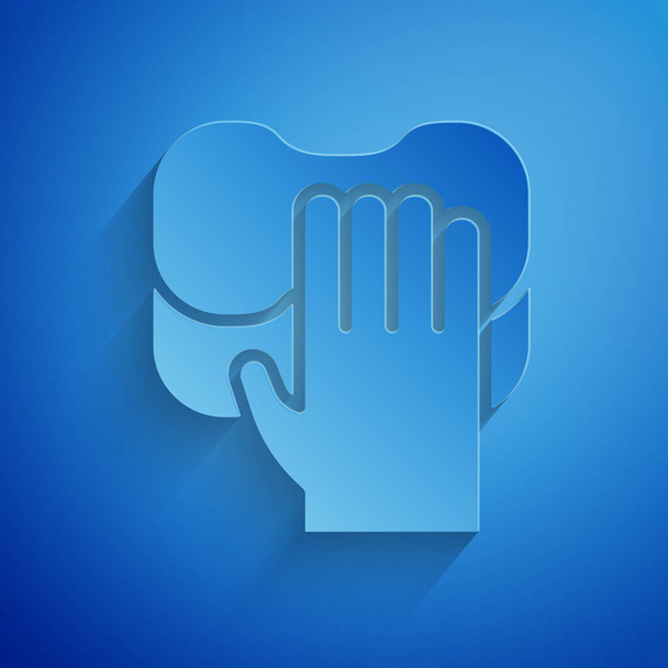 Papírvágás Tisztítási szolgáltatás ikon elszigetelt kék háttér. Latex kézvédő tábla. Háztartási takarító berendezés szimbóluma. Papírművészeti stílus. Vektor. - Vektor, kép