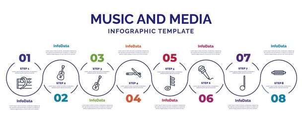 infographic template with icons and 8 options or steps. infographic for music and media concept. included bass clef, acoustic, clave, demisemiquaver, hand mic, quarter note, harmonica icons. - Vector, Image