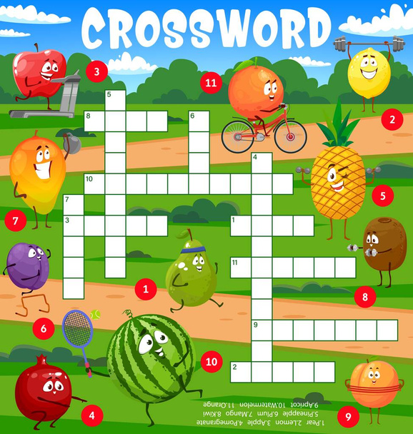 Cartoon fruits characters go in for sports crossword puzzle game grid. Find a word quiz vector worksheet on background of sport area with apple, orange, mango and pineapple, watermelon, kiwi personage - Vector, Image