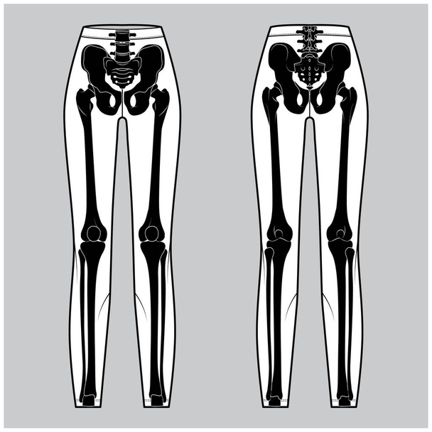 Conjunto de Disfraz esqueleto Huesos humanos en leggings pantalones vista frontal espalda hombres mujeres para Halloween, festivales para imprimir en ropa plana negro beige concepto de color Vector ilustración aislado - Vector, Imagen