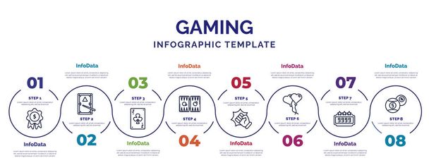 infographic template with icons and 8 options or steps. infographic for gaming concept. included money award, jack of clubs, backgammon, actions, balloon hearts, scores, billiard ball icons. - Vector, Image