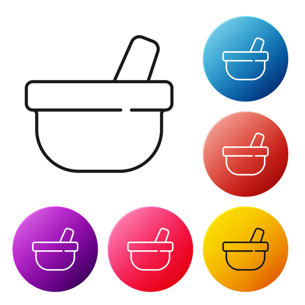 Black line Mortar and pestle icon isolated on white background. Set icons colorful circle buttons. Vector. - Vector, Image