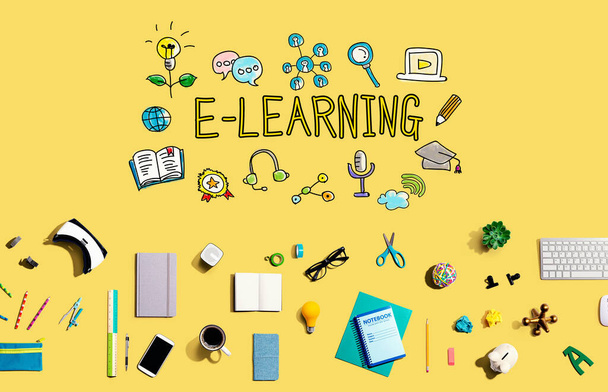 E-Learning theme with collection of electronic gadgets and office supplies - Foto, afbeelding