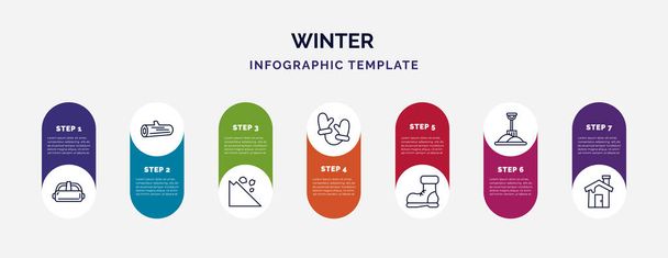 szablon infograficzny z ikonami i 7 opcjami lub krokami. infografika dla koncepcji zimowej. w zestawie gogle, kłody, lawina, rękawice, but śnieżny, łopata zimowa, ikony kabiny zimowej. - Wektor, obraz