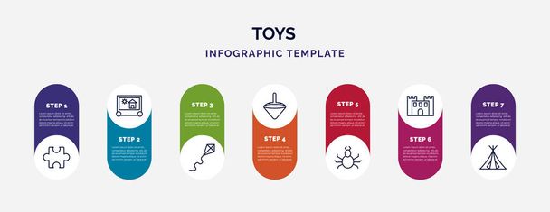Infografik-Vorlage mit Symbolen und 7 Optionen oder Schritten. Infografik für Spielzeugkonzept. inklusive Puzzle-Spielzeug, Sketch-Spielzeug, Drachen-Spielzeug, Spinnen-Hüpfburg-Ikonen. - Vektor, Bild