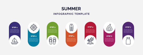 infografikai sablon ikonokkal és 7 opcióval vagy lépéssel. infografika a nyári koncepcióhoz. tartalmaz yatch csónak, életmentő, pár papucs, body board, sziget, füge, ujjatlan ikonok. - Vektor, kép