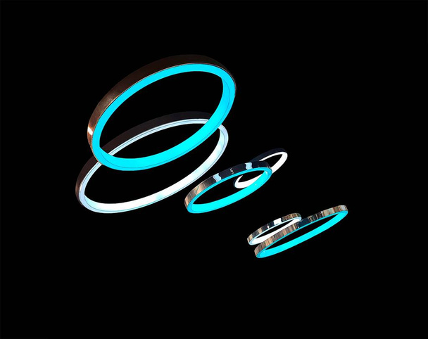 abstraktní pozadí, létající kroužky modré a bílé s kovovou hranou na černém pozadí - Fotografie, Obrázek