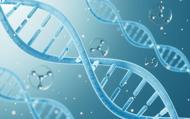 Scienza Biotecnologia DNA cromosomico e molecole, rendering 3d. Disegno digitale del computer. - Foto, immagini