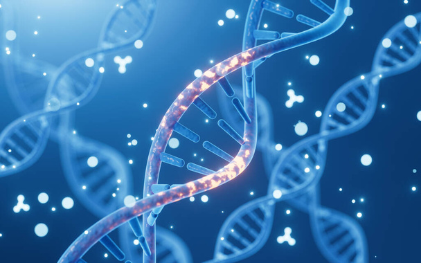 Mutovaná DNA a molekuly, vědecká biotechnologie, 3D zobrazování. Digitální kresba počítače. - Fotografie, Obrázek