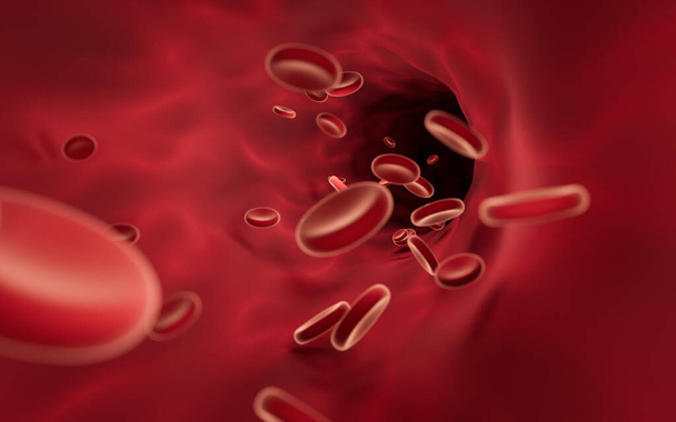 Red blood cells flowing through blood vessels, 3d rendering. Computer digital drawing. - Foto, Bild