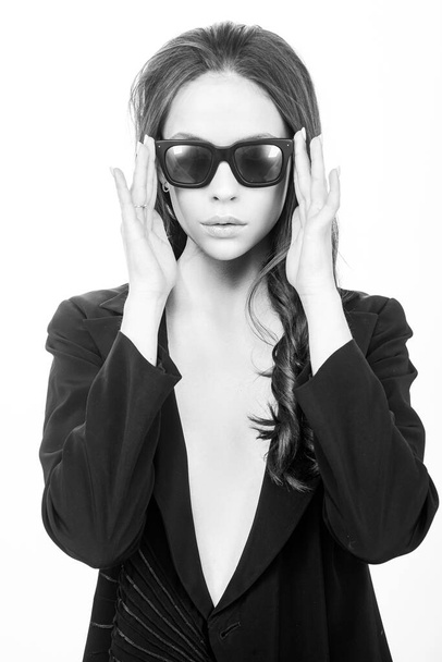 Fashion summer glasses. Confident woman with sunglasses. Fashionable style trend - Photo, image