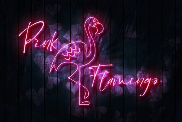 Pink Flamingo neon sign on a Dark Wooden Wall with рожеві серця 3D ілюстрація. - Фото, зображення