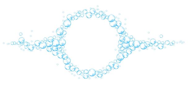 Fényvisszaverő szappanbuborékok keret. Kék hab szappanok elszigetelt fehér háttérrel. Reális vektor illusztráció - Vektor, kép