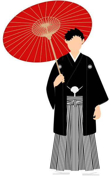 Egy kimonós férfi, kecses hakamában, esernyővel pózol. - Vektor, kép