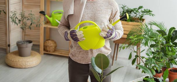 Young man watering plants at home - Foto, afbeelding