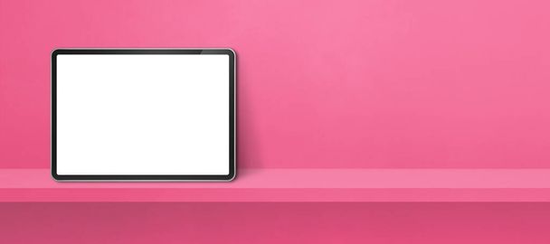Digital tablet pc on pink wall shelf. Horizontal background banner. 3D Illustration - Fotoğraf, Görsel