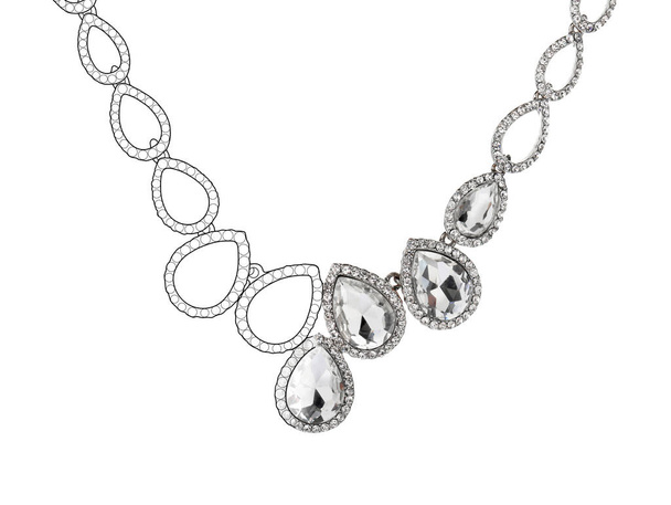 Beautiful silver necklace with diamonds on white background. Jewelry design - Photo, Image