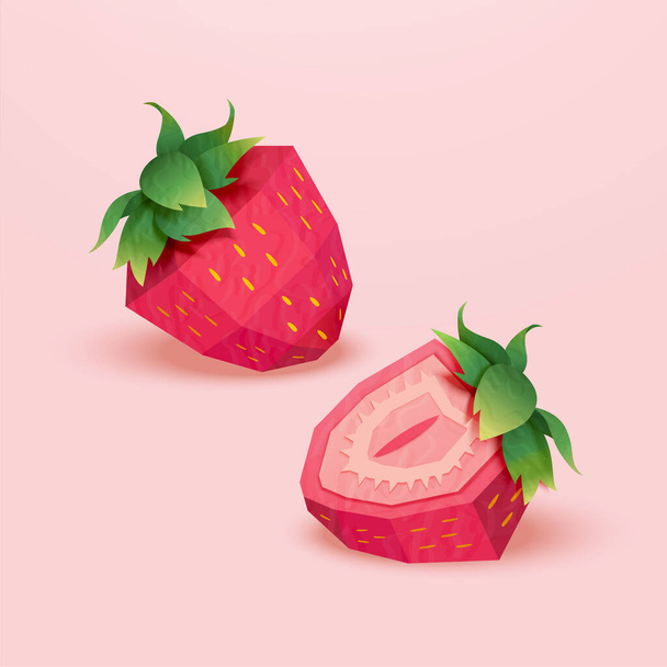 Ripe strawberries in paper art style isolated on light pink background. One is whole fruit, one is chopped - Vektör, Görsel