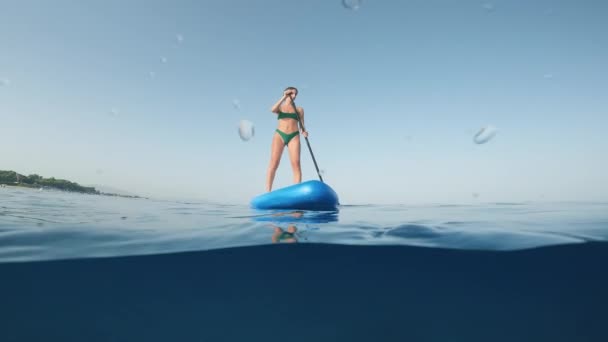 Ragazza in estate su stand up paddle sup board in mare. Sparatoria subacquea - Filmati, video