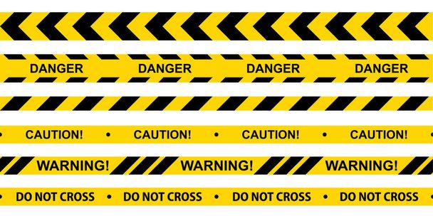 注意テープセット。黄色い警告テープだ。警察ラインとリボンを横断しないでください。建設中の警察、事故のための要約警告ライン。水平シームレスな境界線。ベクターイラスト - ベクター画像