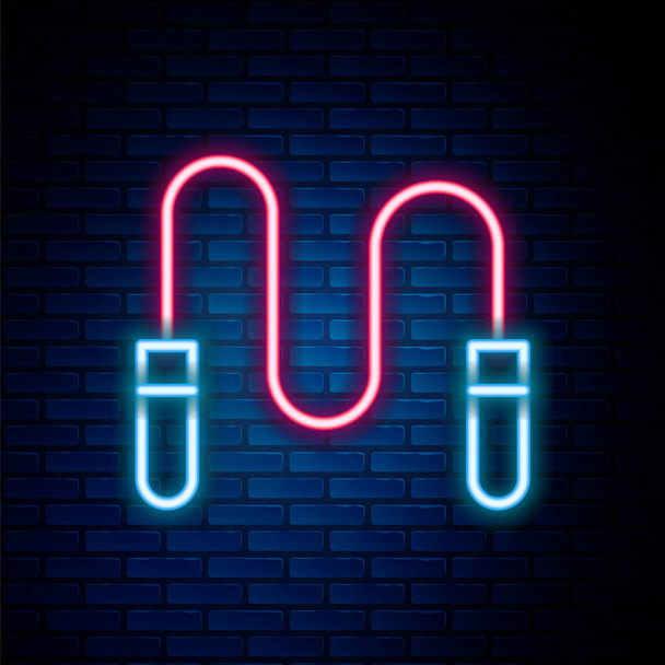 Linea neon incandescente Icona della corda di salto isolata su sfondo muro di mattoni. Salto la corda. Attrezzature sportive. Concetto di contorno colorato. Vettore - Vettoriali, immagini