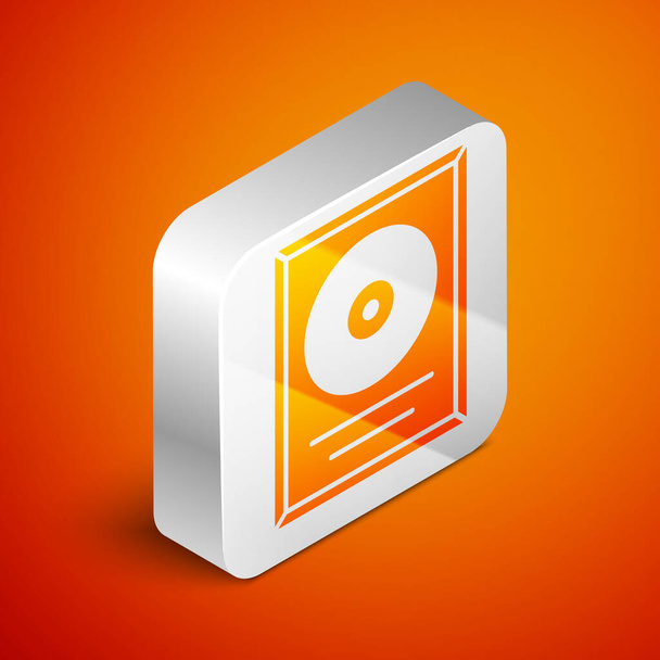 Isometrische CD disk award in frame icoon geïsoleerd op oranje achtergrond. Moderne ceremonie. Beste verkoper. Muzikale trofee. Zilveren vierkante knop. Vector. - Vector, afbeelding