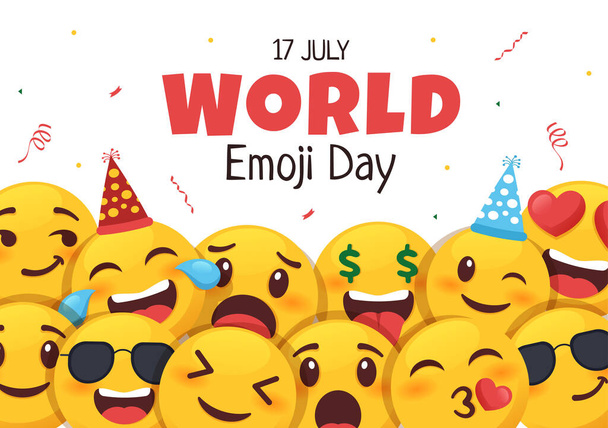 Feier zum Welt-Emoji-Tag mit Veranstaltungen und Produktveröffentlichungen in verschiedenen Gesichtsausdrücken Nette Cartoon-Form in flacher Hintergrundillustration - Vektor, Bild