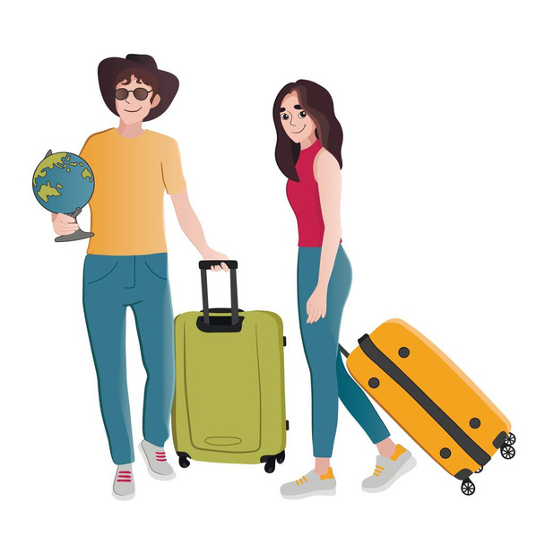 Touristen mit Gepäck und Globus auf weißem Hintergrund - Vektor, Bild
