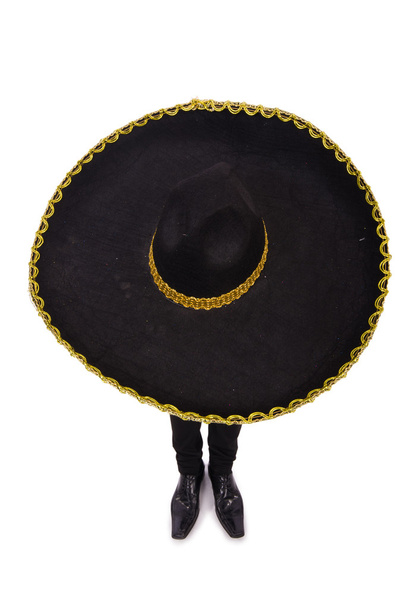 Funny man wearing mexican sombrero hat isolated on white - Photo, Image
