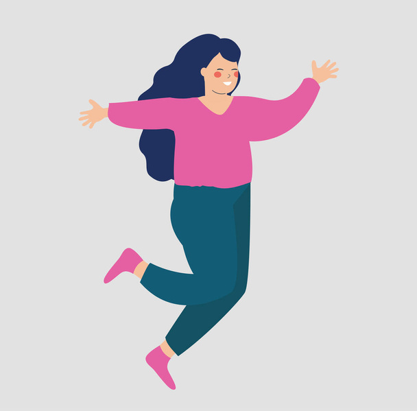 Happy young woman jumping with raised hands on an isolated background. smiling Girl running with joy. Concept of success, mental health wellbeing, healthy lifestyle and workout. Vector stock - Vector, Image