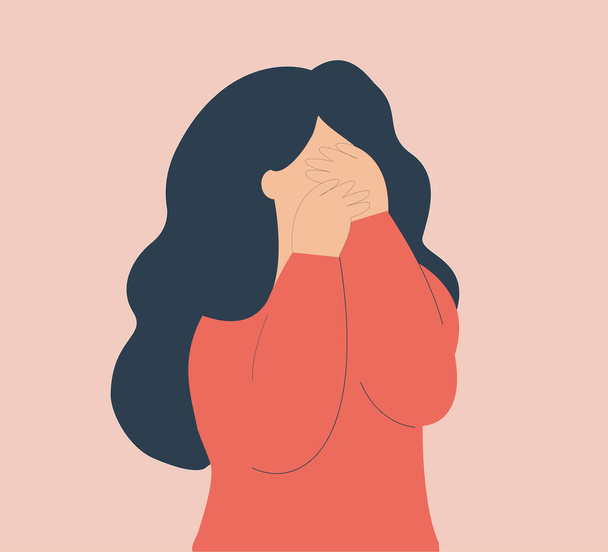 Sad young woman depressed and covers her face crying. Weeping teenage girl emotions grief. Concept of mental health disorders and psychological problems. Isolated Vector illustration. - ベクター画像