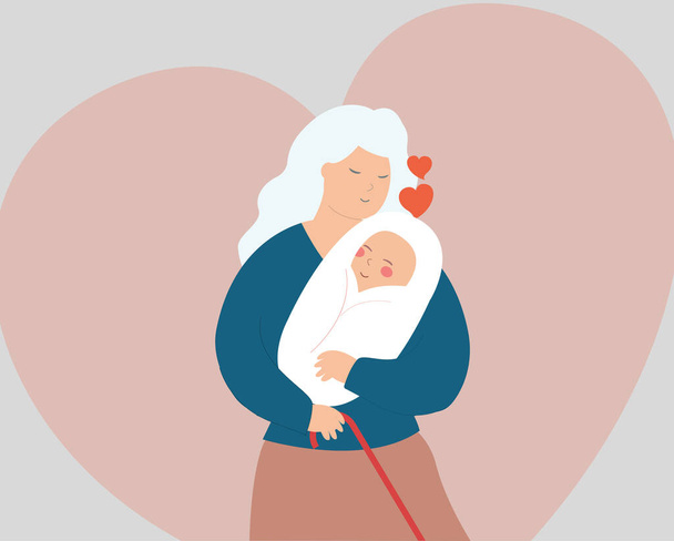 Grandmother hugs his newborn with love. Senior woman embraces a baby with care. Happy grandma holds her grandchild. Happy grandparents day, family bond and generations concept. Vector stock - Wektor, obraz