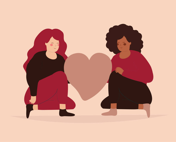 Two women sit and hold a big heart and looks happy. Girls with different ethnicity support each other. Body positive, friendship, self-acceptance and Love Yourself concept. Vector illustration - Vector, Image