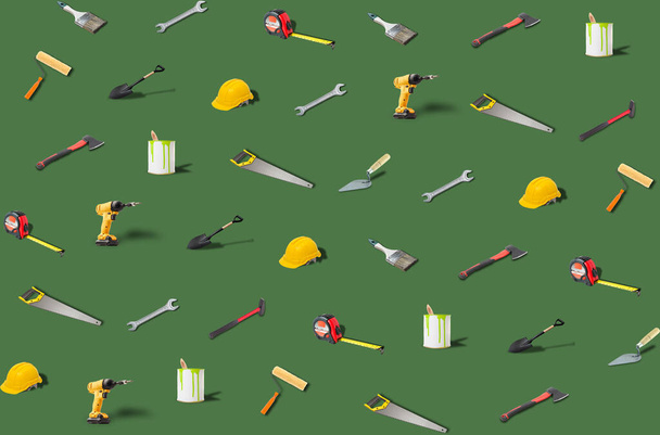 Trends construction tools pattern made with various work tools on green background. Isometric tools and objects. They are representing the concept of DIY. Set of various construction tools - Photo, Image