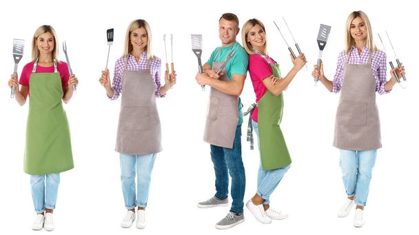 Collage with photos of man and woman holding barbecue utensils on white background - Φωτογραφία, εικόνα