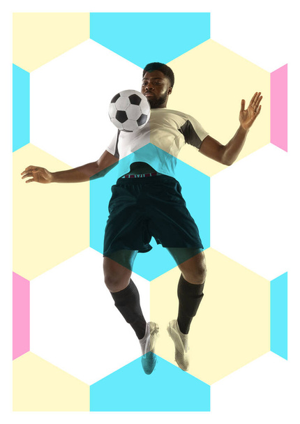 Creative collage with male soccer, football player with ball over absract colorful background with geometric elements. Concept of sport, energy and power. Poster for ad, design - Foto, immagini