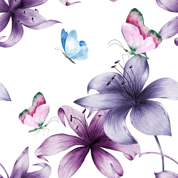 Hand drawn watercolor seamless pattern. Bright colorful realistic butterflies and flowers .Mixed media - Foto, afbeelding