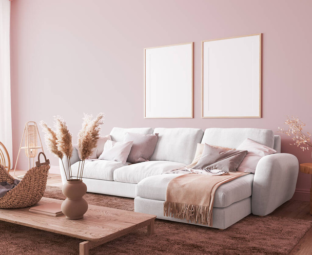 Вітальня в стилі Boho рожевими кольорами, яскравий внутрішній будинок, 3d рендеринг - Фото, зображення